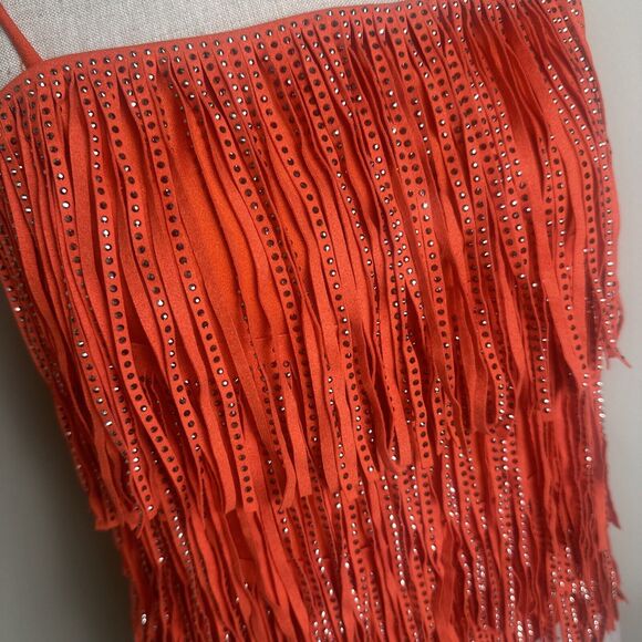 Sterling and Stitch Orange Silver Studded Fringe Stretch Halter Top Sz Small EUC - Picture 2 of 8